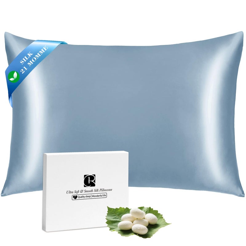 Ravmix Silk Pillow Cases with Zipper, 21momme Mulberry Silk Pillowcase for Hair Skin Health, Soft Smooth Breathable Cool Pillow Cover for Beauty Sleep with Gift Box 1PC(Standard 20"x26", Flint Blue) - Image 1